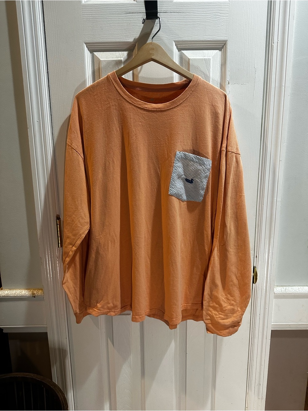 Southern Marsh Long Sleeve T Shirt Peach Blue Seersucker Chest Pocket Preppy L